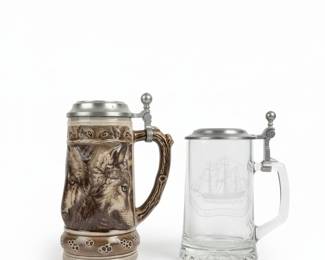 Vintage Ceramic Wolf Stein and Etched Glass 'Ship Grand Turk' Beer Mug