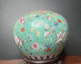 Famille Rose Porcelain Ginger Jar with Wooden Stand