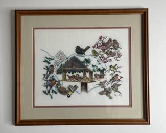 Vtg. Eva Rosenstand Clara Weaver Bird Feeder Snow CrossStitch Art