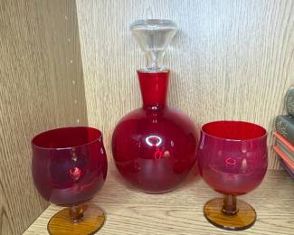 Vintage Ruby Red Glass Decanter and Two Goblets Set with Amber Bases