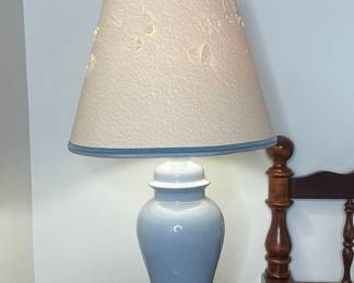 Pale Blue Glazed Ceramic Ginger Jar Table Lamp with Textured Floral Shade