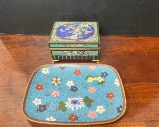 Vintage Chinese Cloisonné Enamel Trinket Box and Tray Set