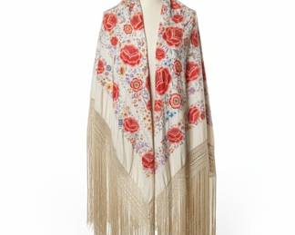 Vintage Romania Piano Shawl with Floral Embroidery 