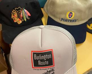 Vtg Baseball Hats: Burlington Route Trucker Hat, Foster's Cap, Chicago Blackhawks Cap