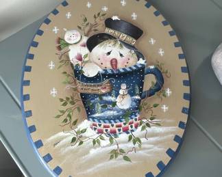 Hand-Painted Tole Painting Snowman Plaque
