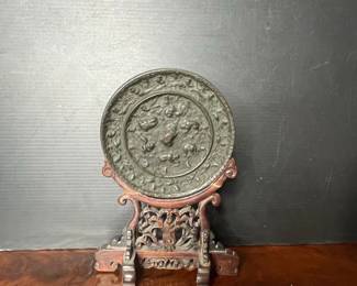 Chinese Bronze Mirror on Carved Wood Stand, Ming Dynasty