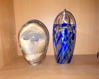 Glass Jellyfish Paperweight and Blue Swirl Glass Oil Lamp