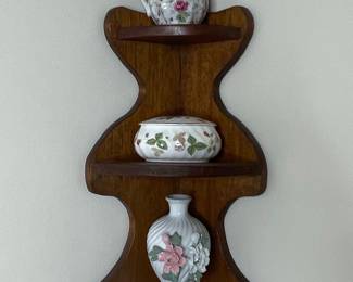 Vintage Floral Ceramic Pitcher, Trinket Box, and Vase on Wooden Corner Shelf
