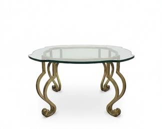 Maison Jansen Style Hollywood Regency Gilt Iron Scalloped Glass Top Coffee Table