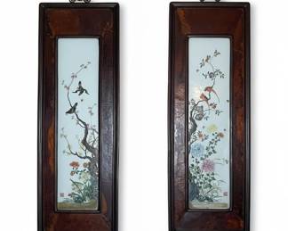 Pair of Chinese Famille Rose Porcelain Plaques in Wooden Frames