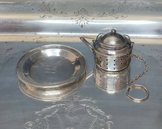 Sterling Silver Teapot Shaped Tea Strainer and Saucer Set