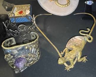 Artisan Lizard Pendant Necklace and Brutalist Cuff Bracelet