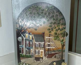 Hand-Painted Nautical Village Scene Wooden Clock