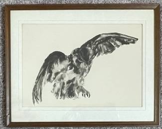 Framed Watercolor Painting of an Owl