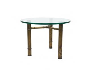 Hollywood Regency Faux Bamboo Brass Finish Tole Side Table with Glass Top