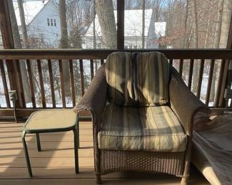 Henry Link Wicker Armchair with Striped Cushions and Side Table
