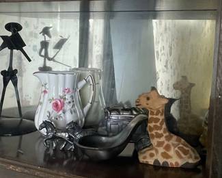 Vintage Oak Curio Cabinet with Curved Glass Doors