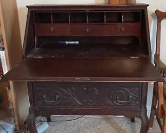 Antique Carved Oak Secretary Desk with Ball and Claw Feet