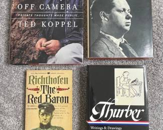 Collection of Four Books: Ted Koppel's "Off Camera", "The Poems of Dylan Thomas", "Richthofen: The Red Baron", and "Thurber: Writings & Drawings"