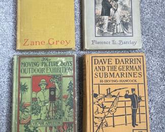 Vintage Books: "The Last Trail" by Zane Grey, "The Wheels of Time" by Florence L. Barclay, "The Moving Picture Boys Outdoor Exhibition" by Victor Appleton, and "Dave Darrin and the German Submarines" by H. Irving Hancock