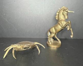 Brass Crab and Unicorn Figurines