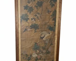th Century Framed Chinese Scroll Depicting Birds and Foliage