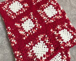 Red and White Granny Square Crochet Blanket