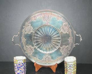Meriden Britannia "Chinese Chippendale" Silver Plated Tray and Two Cups