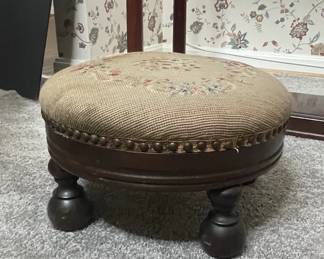 Antique Victorian Needlepoint Footstool with Turned Legs