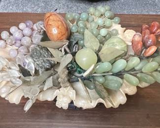 Vintage Carved Jade and Semi-Precious Stone Fruit Arrangement on Shell Base