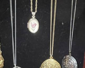 Assorted Pendants and Necklaces, including Revlon Perfume Lockets and ornate lockets