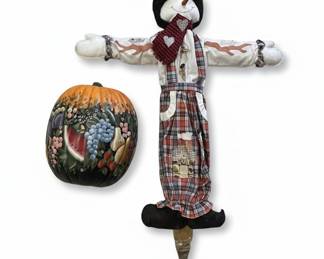 Hand-Painted Pumpkin and Fabric Scarecrow Decor