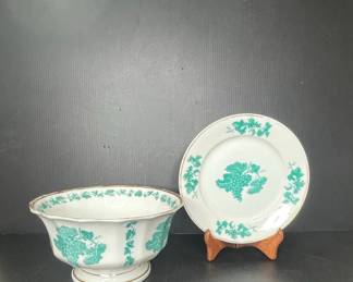 Porcelain Compote Bowl and Plate with Green Grapes and Vine Motif