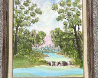Landscape Painting with Waterfall and Trees