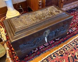 Vintage Asian Camphor chest intricately carved