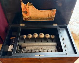 19th Century Swiss cylinder music box with visible bells