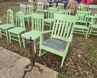 Chairs of all shapes painted Point Clear Green