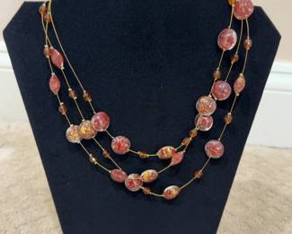 Multi-Strand Red and Gold Tone Speckled Bead Necklace