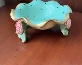 Decorative Teal Bowl with Floral Rose Legs