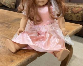 American Girl Doll with Red Hair and Green Eyes in Pink Star Dress