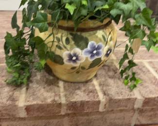 Faux Ivy Plant in Hand-Painted Floral Ceramic Planter