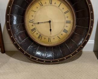 Large Rustic Wall Clock with Faux Leather Border & Roman Numerals