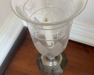 Kellogg Collection Etched Glass Hurricane Candle Holders with Metal Base - Sold as Pair - Price for Two