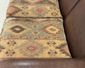 Brown Leather Sofa with Patterned Fabric Seat 90 x 48 x 40