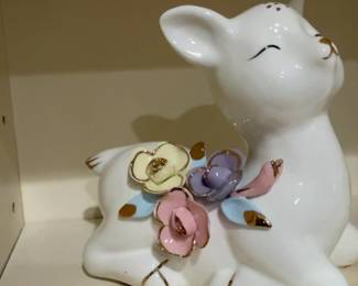 Vintage Ceramic Fawn Figurine with Applied Pastel Flowers