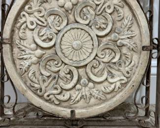 Vintage Round Decorative Cast Stone Architectural Medallion Wall Hanging with Metal Frame