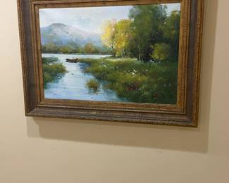 Framed Landscape Oil on Canvas Painting of River and Mountains