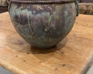 Vintage Patinated Copper Cauldron Planter with Rope Rim