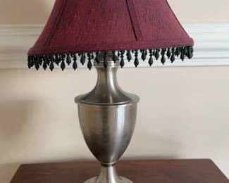 Brushed Nickel Urn Table Lamp with Burgundy Beaded Bell Shade