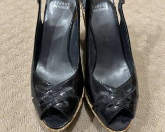 Stuart Weitzman Black Patent Leather Espadrille Wedge Sandals Sz 7 1/2